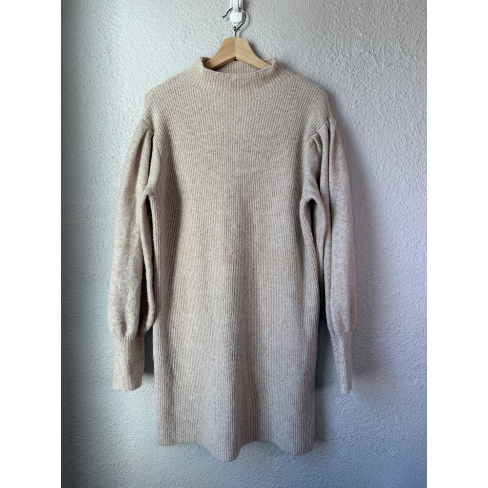 NWT Blu Pepper Womens Oatmeal Beige Ribbed Mock Neck Puff Sleeve Sweater Dress L